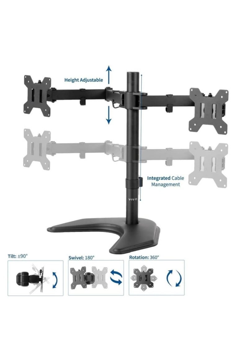 STAND-V002F Dual LED LCD Monitor Free-Standing Desk Stand for 2 Screens up to 27 Inch Heavy-Duty Fully Adjustable Arms with Max VESA 100x100mm - Image 3
