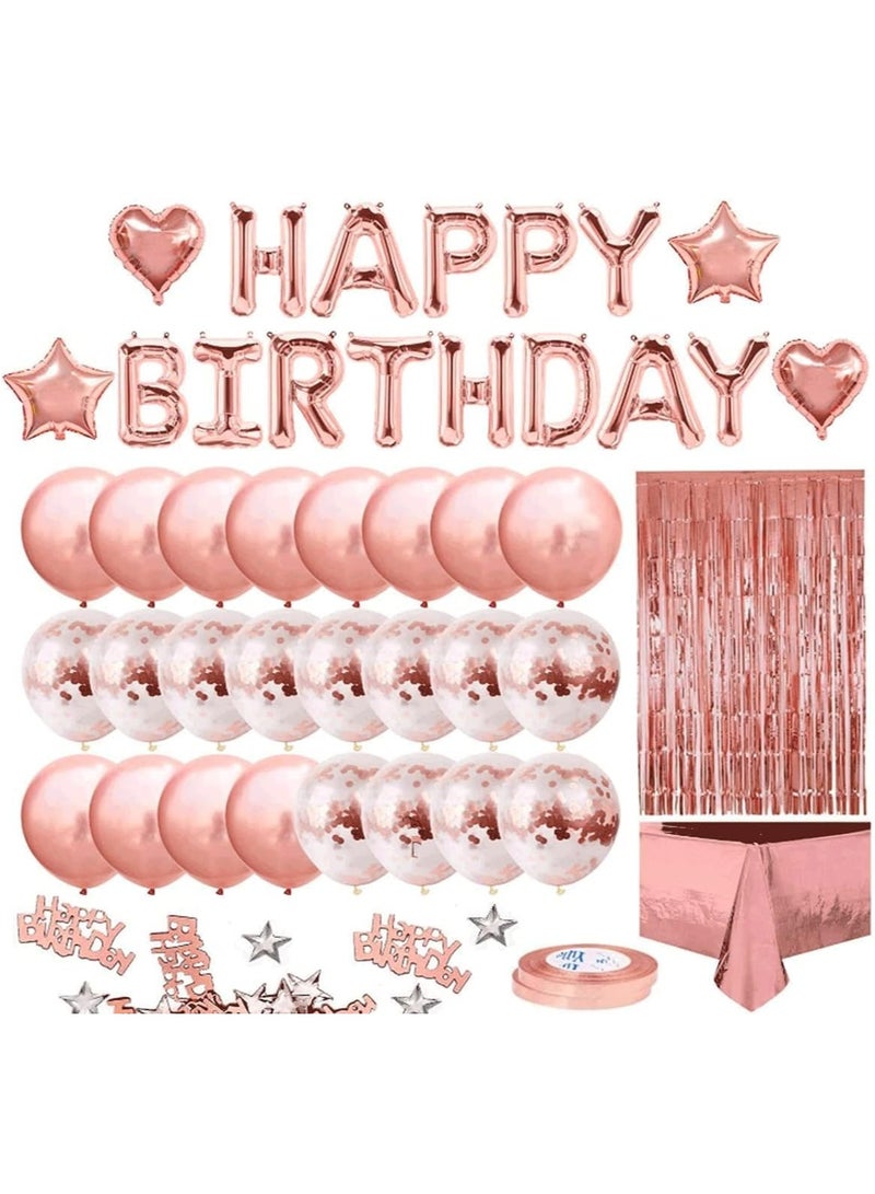 Rose Gold Balloons Party Decorations Supplies for Birthday, Wedding Decorations, Including Happy Birthday Banner, Sequin Table Runner, Rose Gold Balloons, Foil Fringe Curtains - Image 1