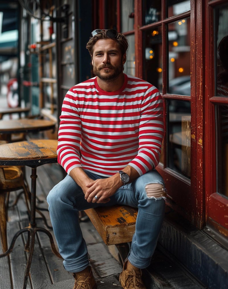 Zengjo Striped Long Sleeve Shirt Men(L,RED&White) - Image 2
