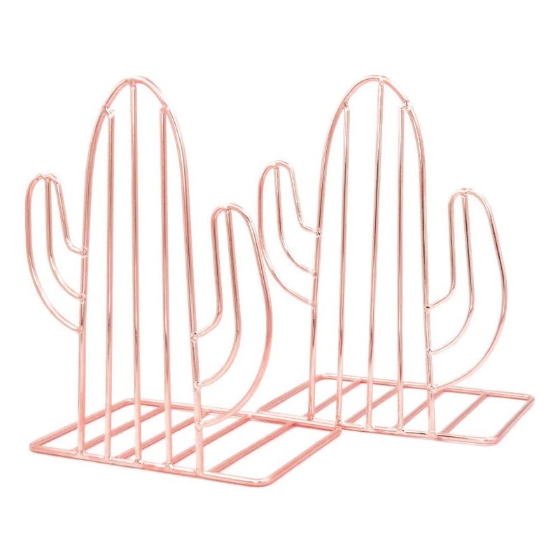 Winterworm Metal Bookends Book Ends Heavy Duty Modern Decorative for Bedroom Library Office School Book Display Desktop Organizer Gift Cactus Rose Gold