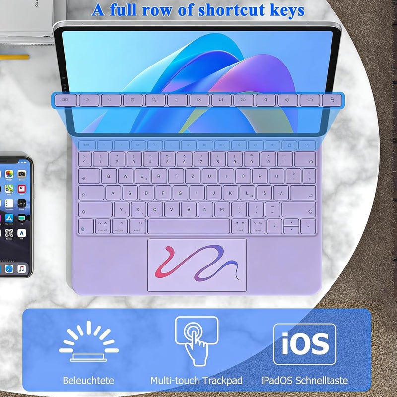 آرترابيت 【Arabic English】لوحة مفاتيح سحرية لـ iPad A16 11th/10th، حقيبة لوحة مفاتيح لـ iPad 11/10 مع حامل مغناطيسي، شاشة رقمية، لوحة لمس متعددة اللمس، مفاتيح بإضاءة خلفية بـ 7 ألوان، أرجواني - Image 5