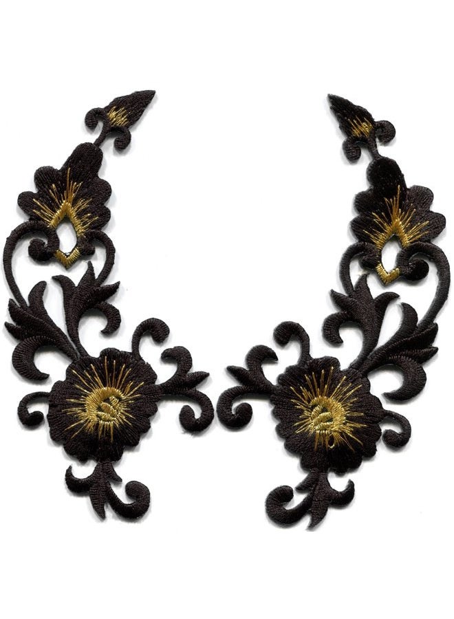 Black gold trim fringe flower boho art deco embroidered appliques iron-on patches pair new