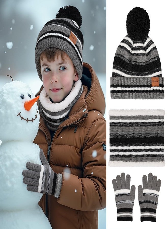 BESSTEVEN Kids Winter Hat Gloves Scarf Set Child Beanie Neck Warmer Glove with Thick Warm Fleece Lining for 6-10 Years Old Girls Boys Children - Black - Image 2