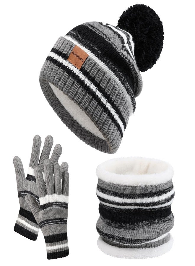 BESSTEVEN Kids Winter Hat Gloves Scarf Set Child Beanie Neck Warmer Glove with Thick Warm Fleece Lining for 6-10 Years Old Girls Boys Children - Black - Image 1