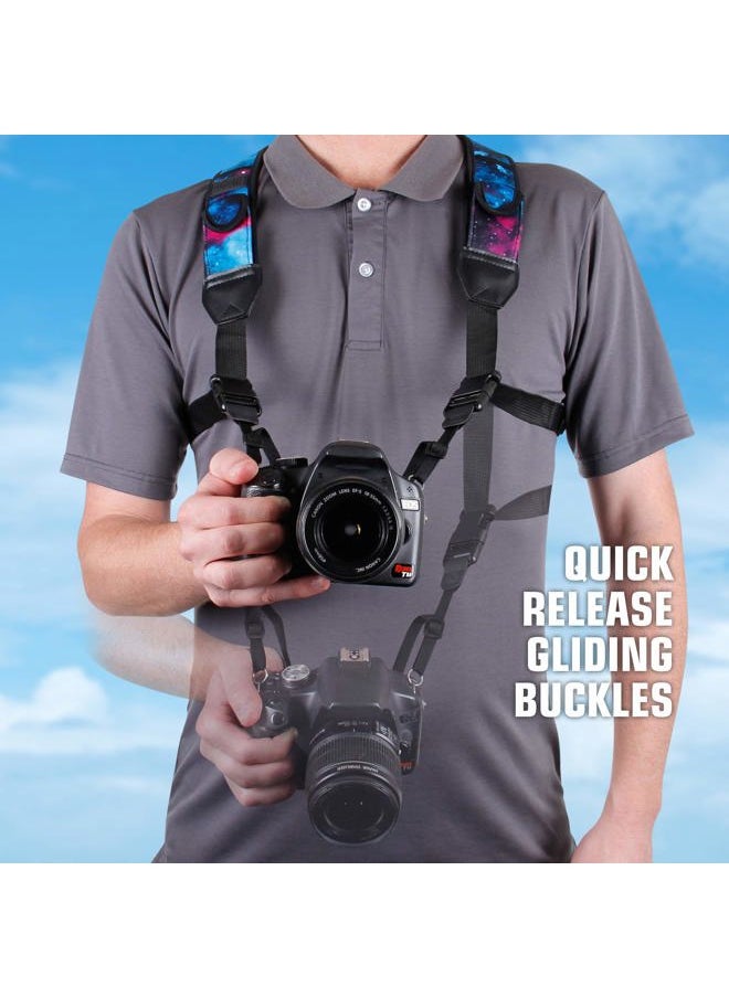 USA Gear DSLR Camera Strap Chest Harness with Quick Release Buckles, Galaxy Neoprene Pattern and Accessory Pockets - Compatible with Canon, Nikon, Sony and More Point and Shoot and Mirrorless Cameras  - Image 2