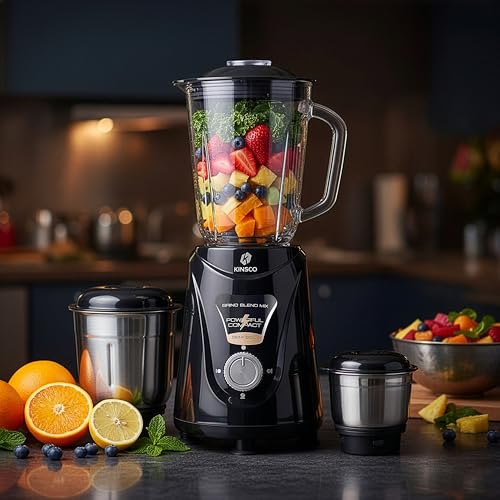 Kinsco 550W Blender Mixer with 3 Jars | Heavy Duty Motor for Daily Grinding and Juicer | Strong Steel Blades | Home and Kitchen | Black - Image 2