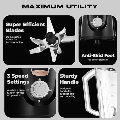 Kinsco 550W Blender Mixer with 3 Jars | Heavy Duty Motor for Daily Grinding and Juicer | Strong Steel Blades | Home and Kitchen | Black - Image 4