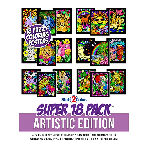Stuff2Color Super Pack of 18 Fuzzy Velvet Coloring Posters (Artistic Edition) - Great for Family Time, Arts & Crafts, Travel, Classrooms, Care Facilities [For All Ages: Girls, Boys, Adults, Toddlers, and More] - Image 1