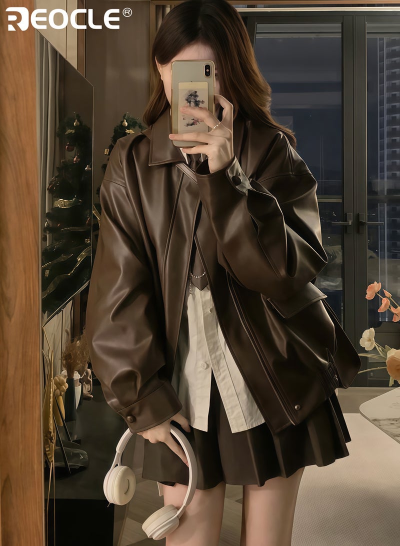 REOCLE Women's Oversized Jacket with Faux Suede and Motorcycle Design Y2K Inspired Coat with Winter Warmth for Fall Fashion - Image 1