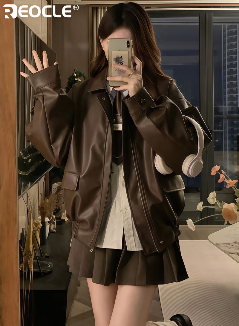 REOCLE Women's Oversized Jacket with Faux Suede and Motorcycle Design Y2K Inspired Coat with Winter Warmth for Fall Fashion - Image 2