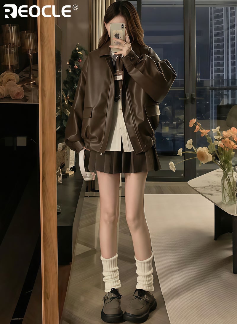 REOCLE Women's Oversized Jacket with Faux Suede and Motorcycle Design Y2K Inspired Coat with Winter Warmth for Fall Fashion - Image 4