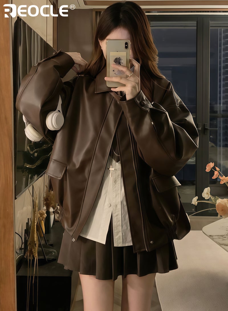 REOCLE Women's Oversized Jacket with Faux Suede and Motorcycle Design Y2K Inspired Coat with Winter Warmth for Fall Fashion - Image 3
