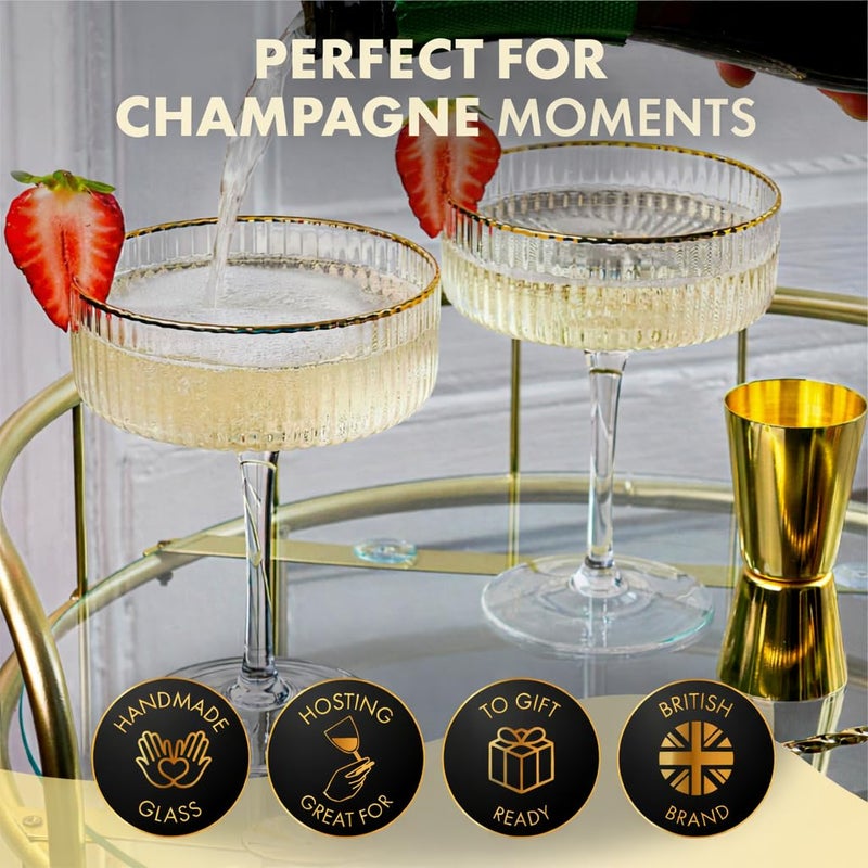VEMACITY - Ribbed Espresso Martini Glasses Set of 4 with Gold Rims - Vintage Cocktail Glasses for Margaritas, Champagne and More - Includes Jigger & Bar Spoon | Ideal for Martinis and Cocktails - Image 3