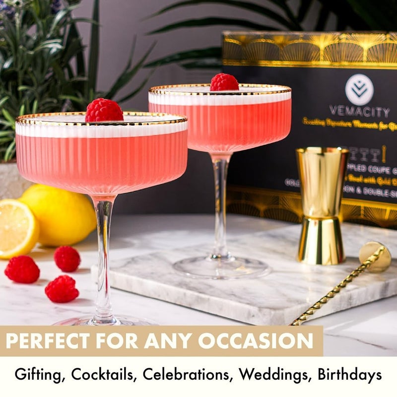 VEMACITY - Ribbed Espresso Martini Glasses Set of 4 with Gold Rims - Vintage Cocktail Glasses for Margaritas, Champagne and More - Includes Jigger & Bar Spoon | Ideal for Martinis and Cocktails - Image 4