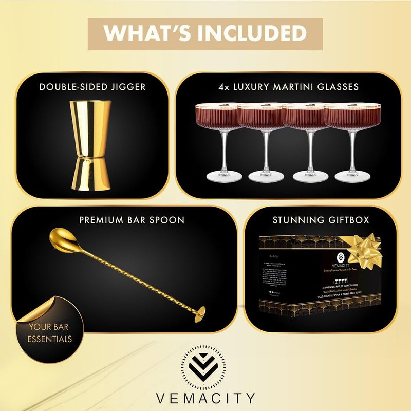 VEMACITY - Ribbed Espresso Martini Glasses Set of 4 with Gold Rims - Vintage Cocktail Glasses for Margaritas, Champagne and More - Includes Jigger & Bar Spoon | Ideal for Martinis and Cocktails - Image 2
