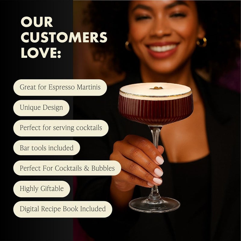VEMACITY - Ribbed Espresso Martini Glasses Set of 4 with Gold Rims - Vintage Cocktail Glasses for Margaritas, Champagne and More - Includes Jigger & Bar Spoon | Ideal for Martinis and Cocktails - Image 5