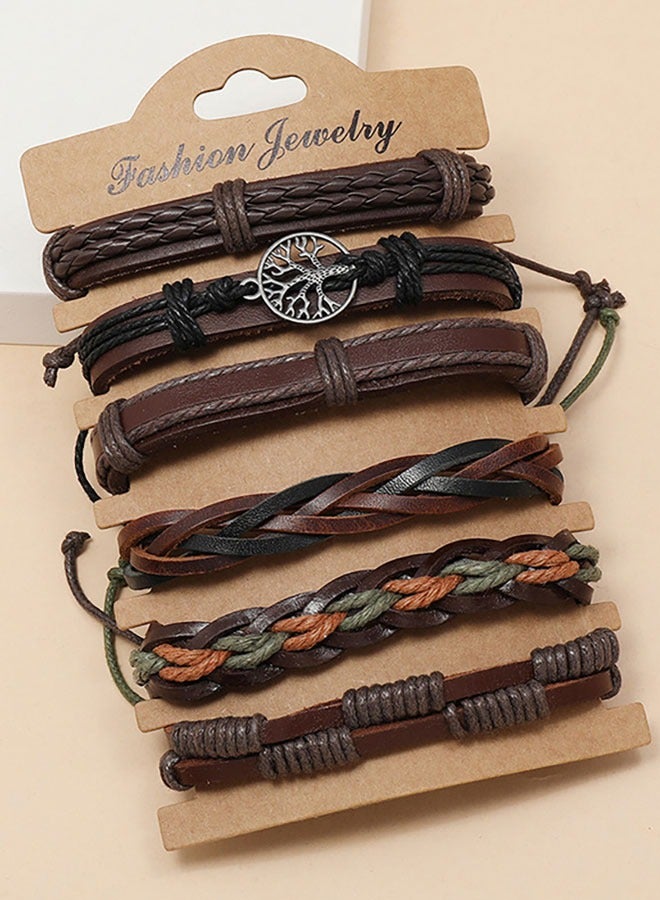 HAWAWA 6 Pcs Woven Braided PU Leather Bracelet for Men Women Cool Wristbands Cuff Bracelets Multilayered Handmade Wrap Bracelets Adjustable Brown - Image 2