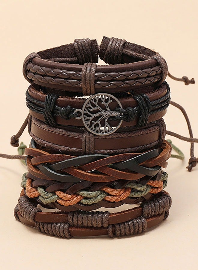 HAWAWA 6 Pcs Woven Braided PU Leather Bracelet for Men Women Cool Wristbands Cuff Bracelets Multilayered Handmade Wrap Bracelets Adjustable Brown - Image 3