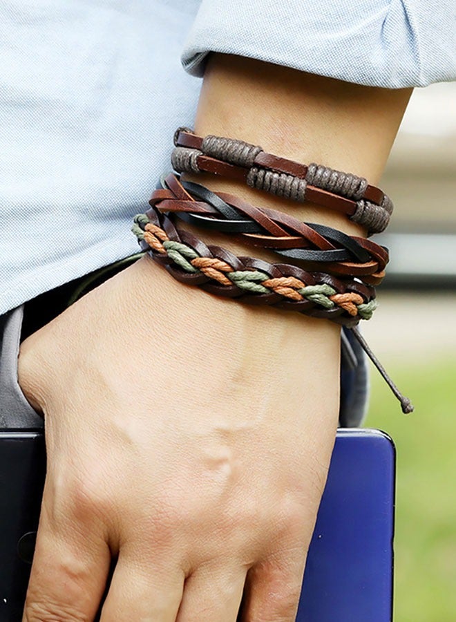 HAWAWA 6 Pcs Woven Braided PU Leather Bracelet for Men Women Cool Wristbands Cuff Bracelets Multilayered Handmade Wrap Bracelets Adjustable Brown - Image 5
