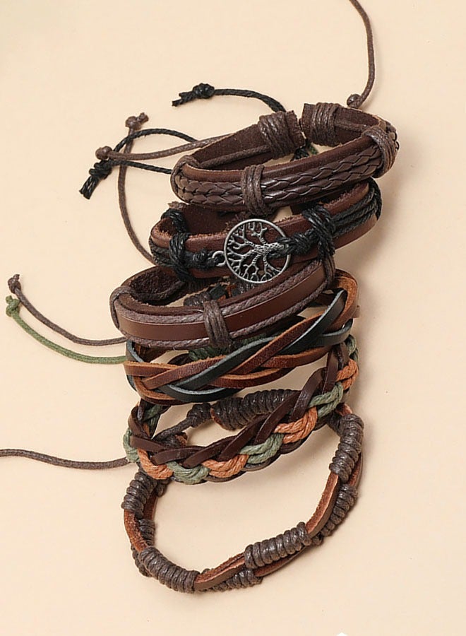 HAWAWA 6 Pcs Woven Braided PU Leather Bracelet for Men Women Cool Wristbands Cuff Bracelets Multilayered Handmade Wrap Bracelets Adjustable Brown - Image 4