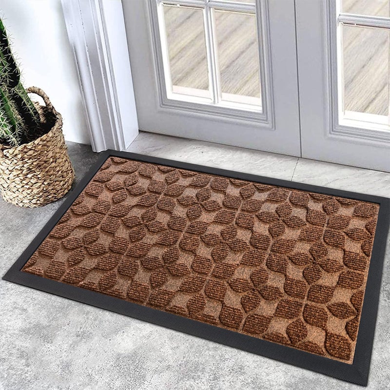 Bulijojo Sturdy Front Entrance Doormats,Durable Heavy Duty Welcome Mat,Thick Absorbent Natural Rubber Non Slip Mat,Easy Clean Entryway Mat 17"x30" Geometric Brown - Image 1