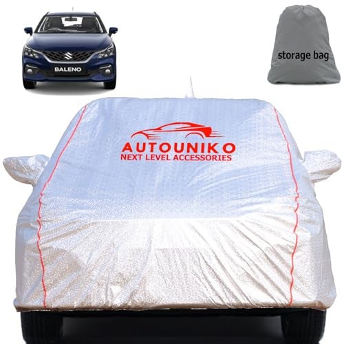 AUTOUNIKO Waterproof Car Body Cover Compatible with Maruti Baleno with Mirror and Antena Pocket and Soft Cotton Lining (Fully Bottom Elastic Triple Stitched) (Metallic Silver with Red Piping) - Image 1