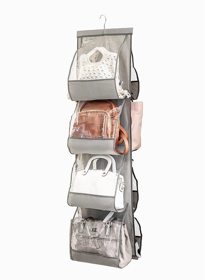Hanging Purse Organizer For Closet Clear Handbag for Purses, Handbags Etc. 8 Easy Access Clear Vinyl Pockets With 360 Degree Swivel Hook, Gray, 48” L x 13.8” W  - Image 1