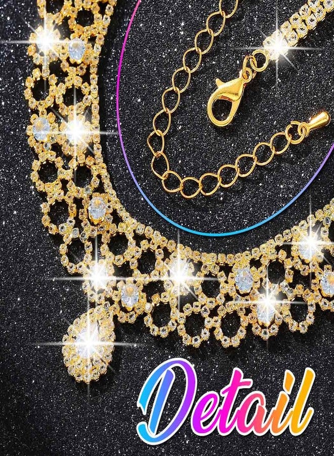 Nicute Bridal Wedding Set for Women Crystal Necklace and Earrings Set Sparkly Diamond Prom Party Necklaces Jewelry (Gold) - Image 5