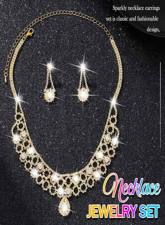 Nicute Bridal Wedding Set for Women Crystal Necklace and Earrings Set Sparkly Diamond Prom Party Necklaces Jewelry (Gold) - Image 3