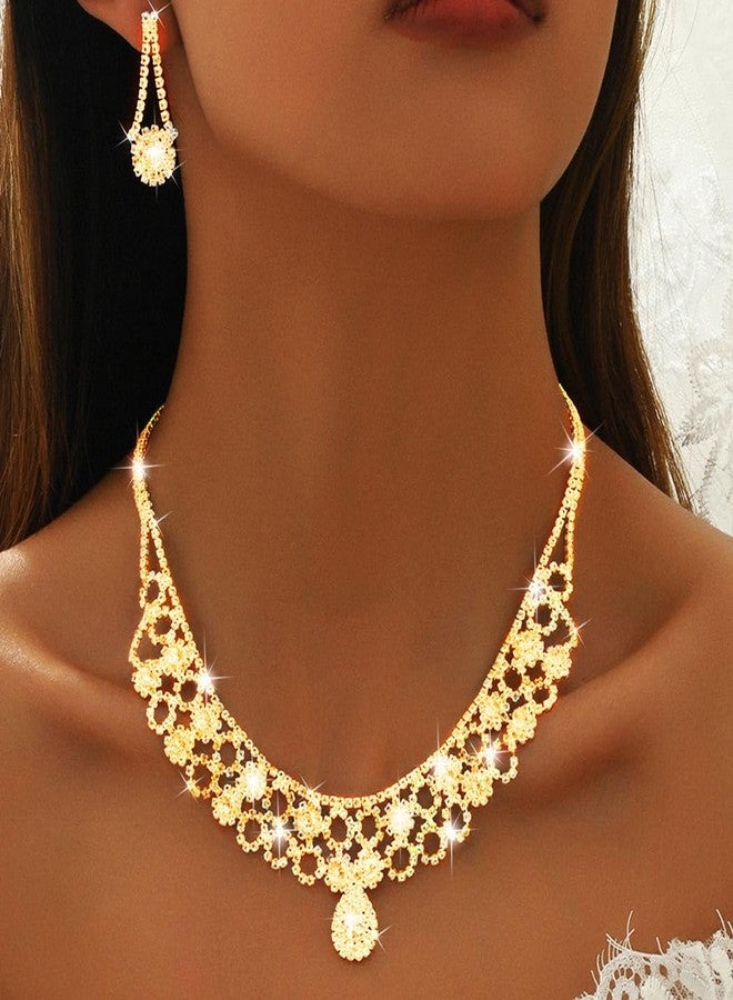 Nicute Bridal Wedding Set for Women Crystal Necklace and Earrings Set Sparkly Diamond Prom Party Necklaces Jewelry (Gold) - Image 4