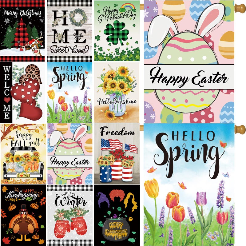 Pating Seasonal Garden Flags Set of 12 Double Sided 28 x 40 Inch Yard Flags, Large House Flags for Outside, Fall Winter Halloween Christmas Outdoor Flags, Holiday Garden Flags for All Seasons - Image 1