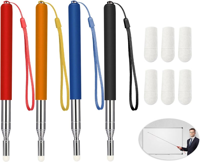 تشينكو 4 Pieces Retractable Teacher Pointer for Classroom Teaching Whiteboard Telescopic Pointer with Lanyards and 6 Pieces Extra Felt Nibs for Teachers Coach(39 Inches) - Image 1
