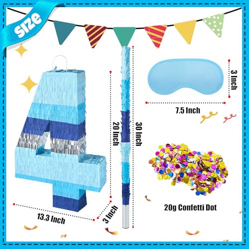 PCFING 20 Inch Number 4 Piata Blue Silver with 30 Inch Piata Stick Blindfold Confetti for Boys Girls Adults Birthday Party Decorations Anniversary Celebration Fiesta - Image 5
