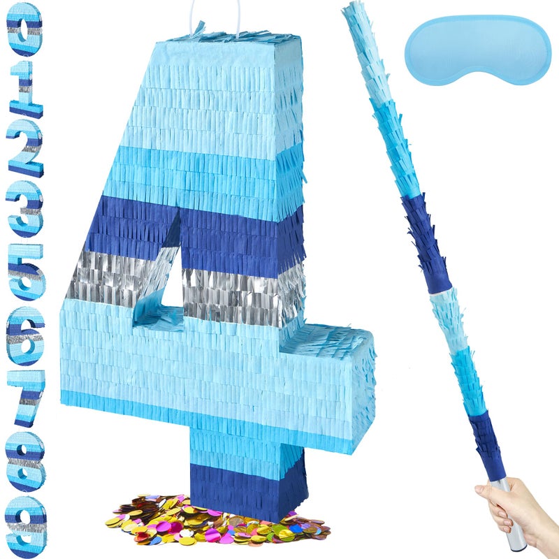 PCFING 20 Inch Number 4 Piata Blue Silver with 30 Inch Piata Stick Blindfold Confetti for Boys Girls Adults Birthday Party Decorations Anniversary Celebration Fiesta - Image 3