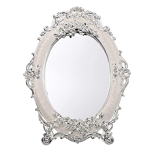 JUXYES Small Tabletop Dressing Mirror Vintage Metal Desktop Mirror with Stand Antique Embossed Roses Countertop Makeup Mirror Retro Oval Cosmetic Decorative Mirrors for Table Centerpieces