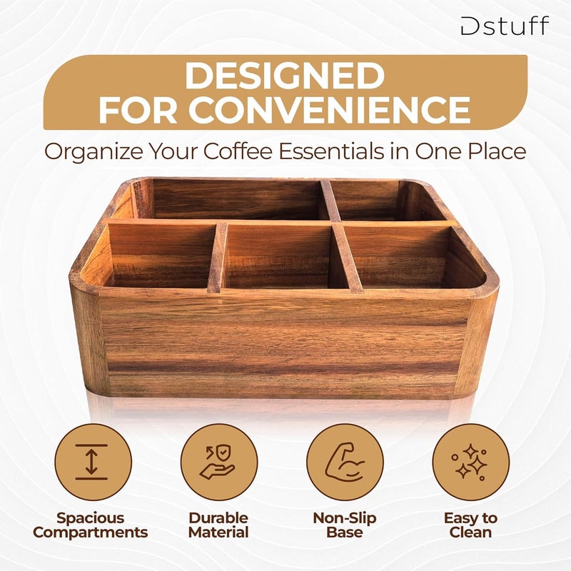 Dstuff Acacia Wood Coffee Station Organizer for Countertop, Tea Organizer and Holder, Coffee Bar Caddy with Multiple Compartments for Home and Office Decor - Image 3