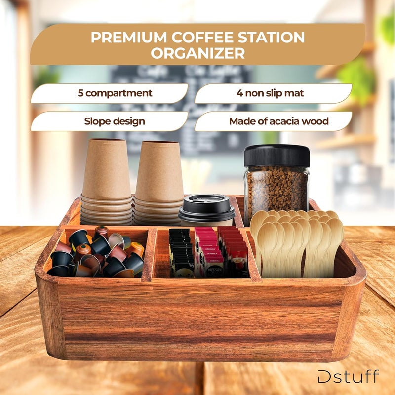 Dstuff Acacia Wood Coffee Station Organizer for Countertop, Tea Organizer and Holder, Coffee Bar Caddy with Multiple Compartments for Home and Office Decor - Image 2