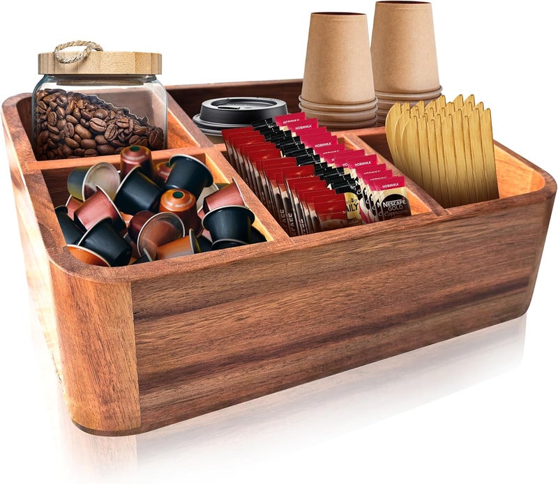 Dstuff Acacia Wood Coffee Station Organizer for Countertop, Tea Organizer and Holder, Coffee Bar Caddy with Multiple Compartments for Home and Office Decor - Image 1