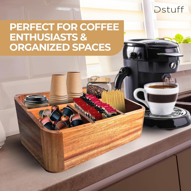 Dstuff Acacia Wood Coffee Station Organizer for Countertop, Tea Organizer and Holder, Coffee Bar Caddy with Multiple Compartments for Home and Office Decor - Image 5