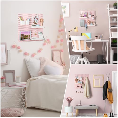VUSIGN Pegboard Combination Wall Organizer Kit, 4 Pieces Pegboards and 17 Accessories Modular Hanging, Wall Mount Display Peg Board Panel Kits for Bedroom, Home, Office, Bathroom, 22" x 22", Pink - Image 2