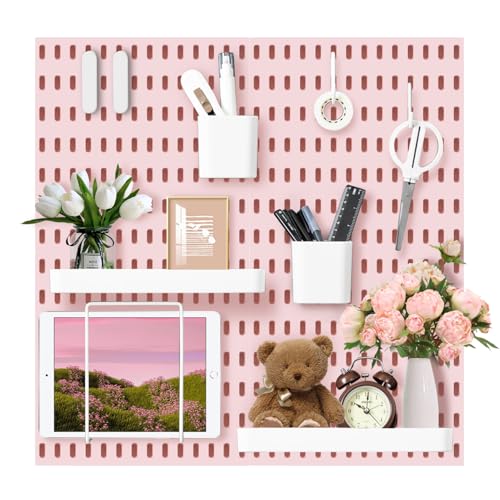 VUSIGN Pegboard Combination Wall Organizer Kit, 4 Pieces Pegboards and 17 Accessories Modular Hanging, Wall Mount Display Peg Board Panel Kits for Bedroom, Home, Office, Bathroom, 22" x 22", Pink - Image 1