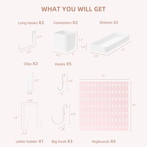 VUSIGN Pegboard Combination Wall Organizer Kit, 4 Pieces Pegboards and 17 Accessories Modular Hanging, Wall Mount Display Peg Board Panel Kits for Bedroom, Home, Office, Bathroom, 22" x 22", Pink - Image 3