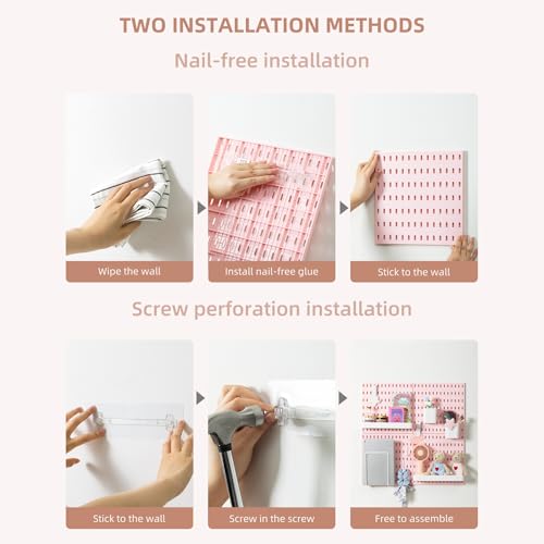 VUSIGN Pegboard Combination Wall Organizer Kit, 4 Pieces Pegboards and 17 Accessories Modular Hanging, Wall Mount Display Peg Board Panel Kits for Bedroom, Home, Office, Bathroom, 22" x 22", Pink - Image 4