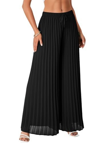 OPOIPIN Women's Chiffon Wide Leg Pleated Pants High Waist Flowy Loose Casual Long Trousers Black Large - Image 3