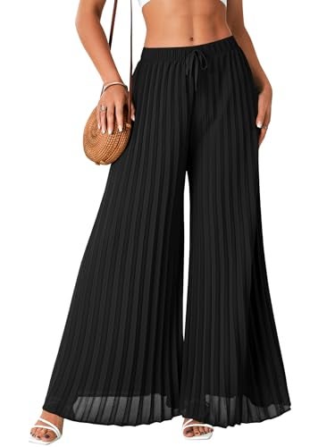 OPOIPIN Women's Chiffon Wide Leg Pleated Pants High Waist Flowy Loose Casual Long Trousers Black Large - Image 1