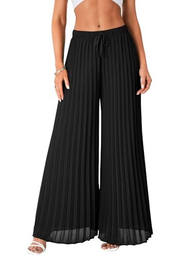 OPOIPIN Women's Chiffon Wide Leg Pleated Pants High Waist Flowy Loose Casual Long Trousers Black Large - Image 2