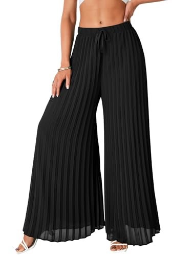 OPOIPIN Women's Chiffon Wide Leg Pleated Pants High Waist Flowy Loose Casual Long Trousers Black Large - Image 4