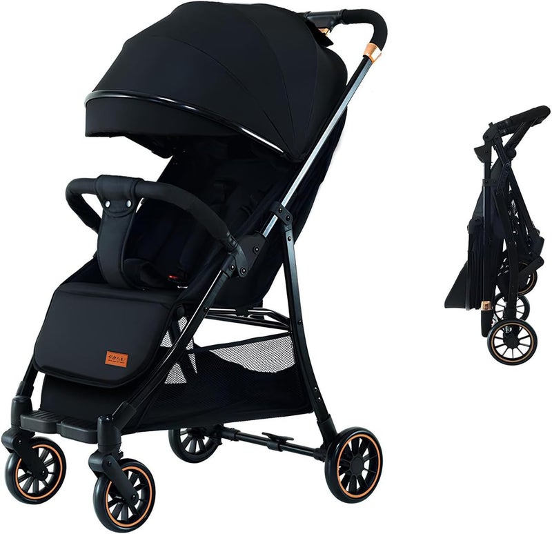 HOTSUAE Lightweight Stroller,Foldable Baby Stroller, 0-3 Year Old Baby Travel Stroller With Storage Basket, Four-Wheel Suspension, One Click Folding, Can Sit Or Lie Down, 5-Point Seat Belt, Black - Image 1