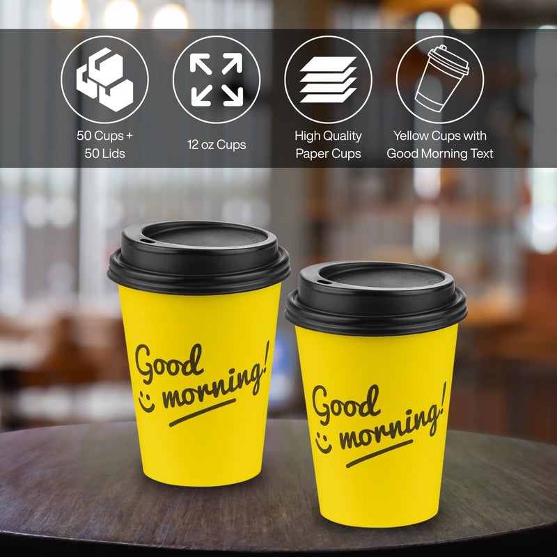 Smygoods أكواب قهوة ورقية سعة 12 أونصة مع أغطية، أكواب ساخنة قابلة للتخلص، أكواب للاستخدام الخارجي مزودة بأغطية للاستخدام في المنزل والمطاعم والمتاجر والمقاهي، بلون أصفر زاهي مع عبارة “صباح الخير!”， عبوة تحتوي على 50 كوبًا. - Image 2