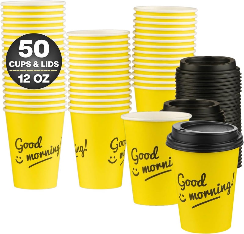 Smygoods أكواب قهوة ورقية سعة 12 أونصة مع أغطية، أكواب ساخنة قابلة للتخلص، أكواب للاستخدام الخارجي مزودة بأغطية للاستخدام في المنزل والمطاعم والمتاجر والمقاهي، بلون أصفر زاهي مع عبارة “صباح الخير!”， عبوة تحتوي على 50 كوبًا. - Image 1